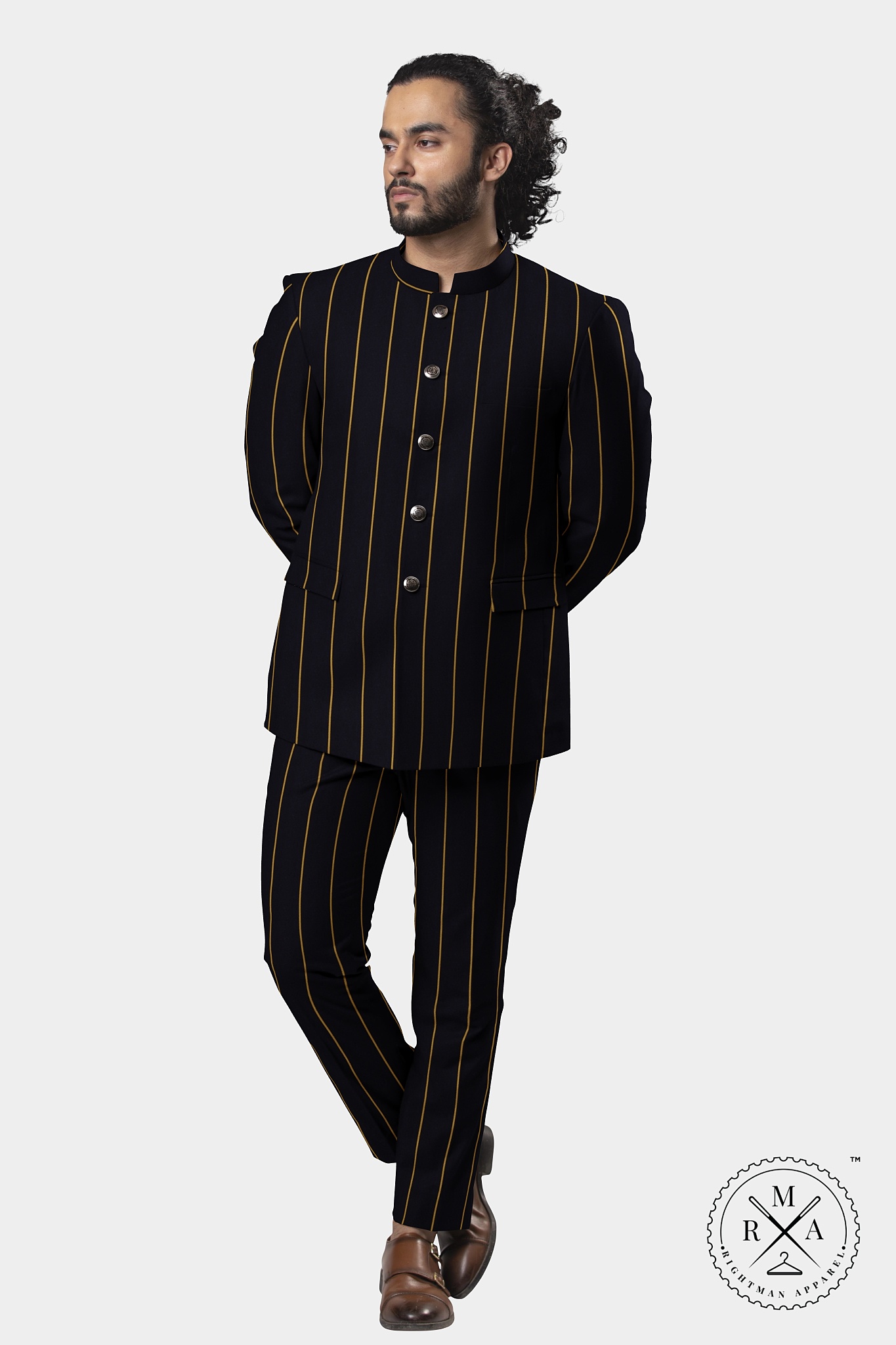 Black TR Jodhpuri Suit With Yellow Lines SU47